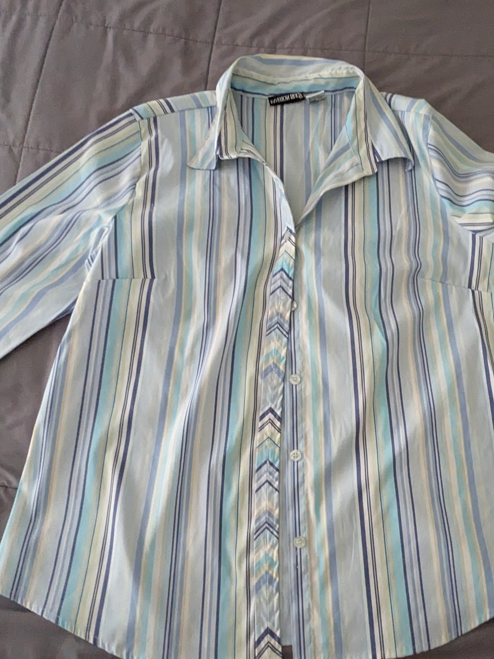 Fashion Bug Striped Button-Down Shirt in Light Blue, Navy and Cream